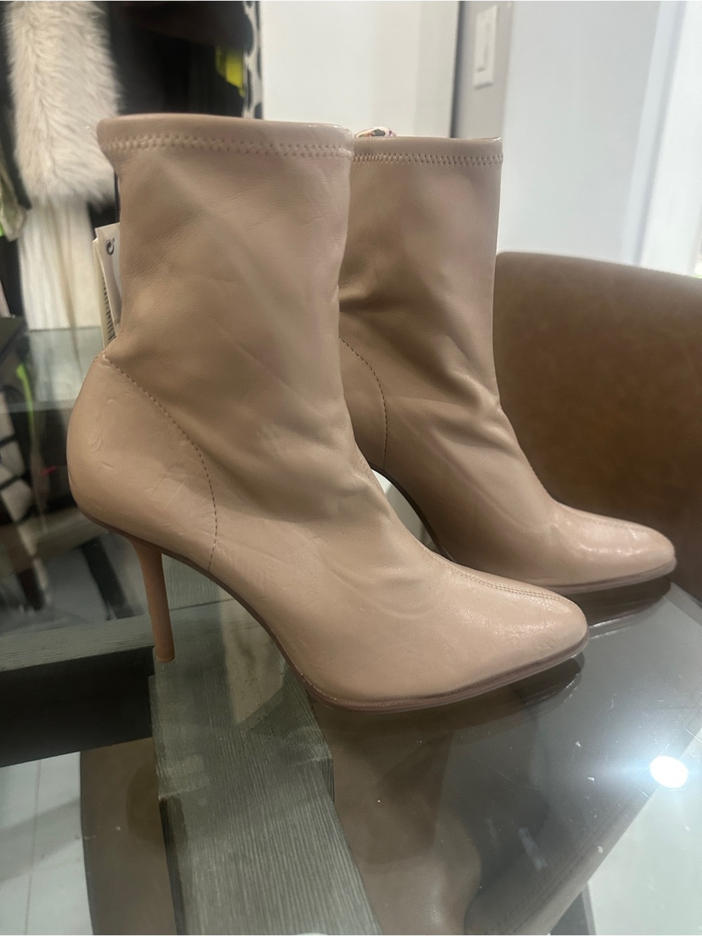 Zara Beige Stretch Leather Ankle Boots with Stiletto Heel